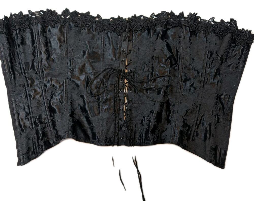 Vintage Y2K Black Satin Floral Lace Up Corset Top 32 USA Gothic Statement Alt